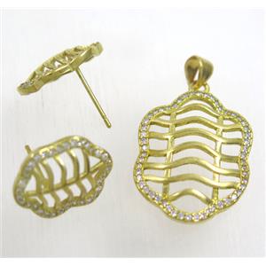 Raw Brass pendant and earring studs paved zircon, approx 19x25mm, 12x16mm [FDZN1947]