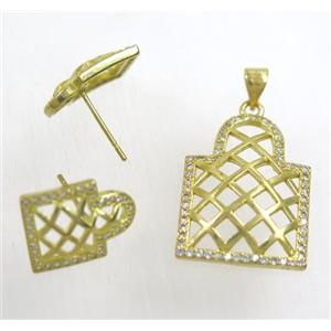Raw Brass pendant and earring studs paved zircon, approx 17x24mm, 11x15mm [FDZN1948]
