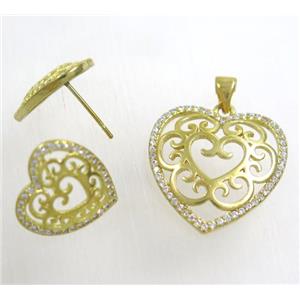 Raw Brass pendant and earring studs paved zircon, approx 21x22mm, 15x15mm [FDZN1949]