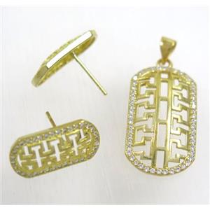 Raw Brass pendant and earring studs paved zircon, approx 14x26mm, 10x18mm [FDZN1950]