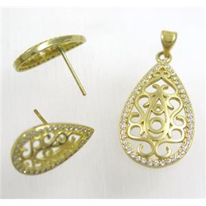 Raw Brass pendant and earring studs paved zircon, approx 15x26mm, 10x18mm [FDZN1951]