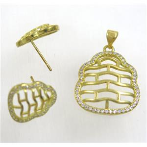 Raw Brass pendant and earring studs paved zircon, approx 19x21mm, 12x14mm [FDZN1952]