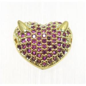 copper foxHead beads paved hotpink zircon, gold plated, approx 10x12mm [FDZN1959]