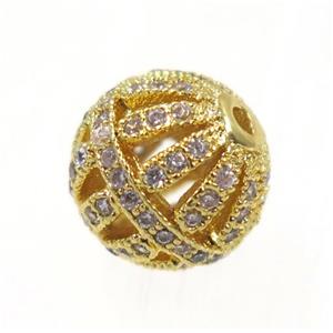 round Watermelon copper beads pave zircon, gold plated, approx 10mm dia [FDZN1997-10MM]