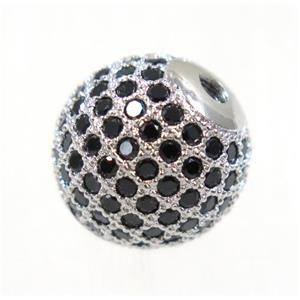 round copper beads paved black zircon, platinum plated, approx 12mm dia [FDZN2001-12MM]