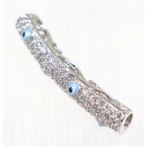 copper tube beads paved zircon with evil eye, platinum plated, approx 5x28mm [FDZN2006]