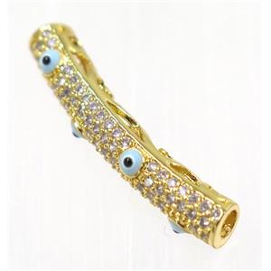 copper tube beads paved zircon with evil eye, gold plated, approx 5x28mm [FDZN2007]