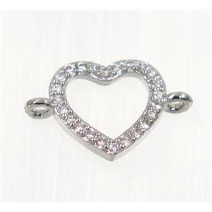 copper Heart connector paved zircon, platinum plated, approx 11mm wide [FDZN2026]