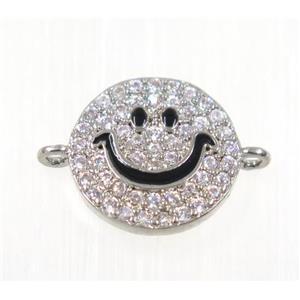 copper emoji face connector paved zircon, platinum plated, approx 12mm dia [FDZN2031]