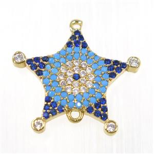 copper Star connector paved zircon, gold plated, turq, approx 20mm dia [FDZN2056]