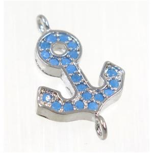 copper Anchor connector paved zircon, platinum plated, turq, approx 11-12mm [FDZN2060]