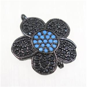 copper flower connector paved zircon, black plated, approx 17mm dia [FDZN2076]