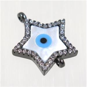copper Star connector paved zircon with evil eye, black plated, approx 14mm dia [FDZN2095]