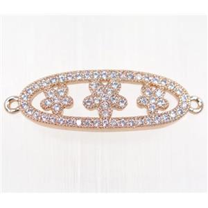 copper oval connector paved zircon with flower, rose gold, approx 10x25mm [FDZN2102]