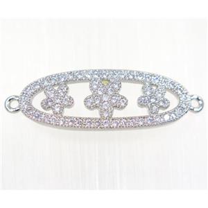 copper oval connector paved zircon with flower, platinum plated, approx 10x25mm [FDZN2103]