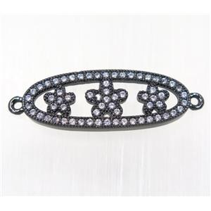 copper oval connector paved zircon with flower, black plated, approx 10x25mm [FDZN2105]