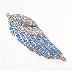 copper Wing connector paved zircon, platinum plated, turq, approx 10x25mm [FDZN2123]
