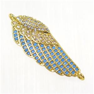 copper Wing connector paved zircon, gold plated, turq, approx 10x25mm [FDZN2124]