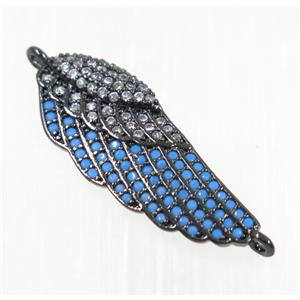 copper Wing connector paved zircon, black plated, turq, approx 10x25mm [FDZN2125]