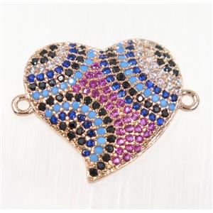 copper Heart connector paved zircon, rose gold, multi-color, approx 19mm [FDZN2127]