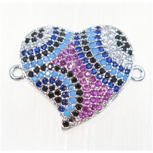 copper Heart connector paved zircon, platinum plated, multi-color, approx 19mm [FDZN2128]