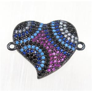 copper Heart connector paved zircon, black plated, multi-color, approx 19mm [FDZN2130]