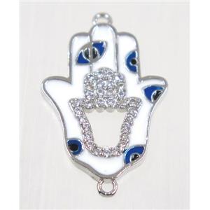 copper Hamsahand connector paved zircon with evil eye, platinum plated, approx 14x20mm [FDZN2184]