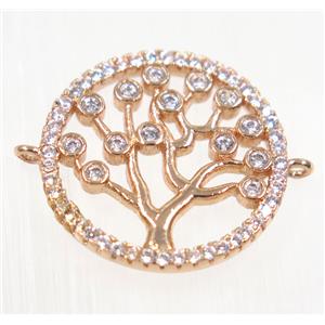 copper Tree Of Life connector paved zircon, rose gold, approx 18mm dia [FDZN2197]