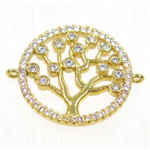 copper Tree Of Life connector paved zircon, gold plated, approx 18mm dia [FDZN2199]