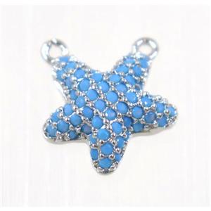 copper Starfish pendant paved zircon with 2loops, platinum plated, turq, approx 11mm dia [FDZN2257]