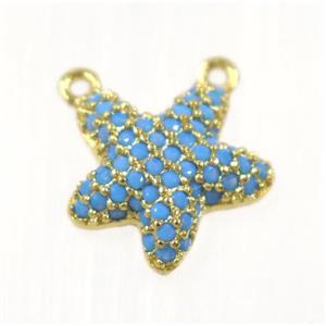 copper Starfish pendant paved zircon with 2loops, gold plated, turq, approx 11mm dia [FDZN2258]