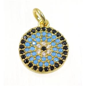 copper Circle pendant paved zircon, gold plated, turq, approx 12mm dia [FDZN2263]