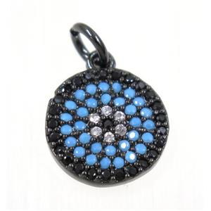 copper Circle pendant paved zircon, black plated, turq, approx 12mm dia [FDZN2264]