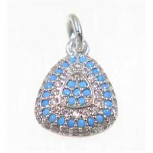 copper Teardrop pendant paved zircon, platinum plated, turq, approx 10x11mm [FDZN2271]