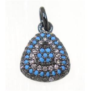 copper Teardrop pendant paved zircon, black plated, turq, approx 10x11mm [FDZN2273]