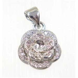 copper flower pendant paved zircon, platinum plated, approx 12mm dia [FDZN2276]