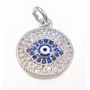 copper Evil eye pendant paved zircon, platinum plated, approx 13mm dia [FDZN2289]