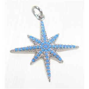 copper NorthStar pendant paved zircon, platinum plated, turq, approx 23x23mm [FDZN2297]
