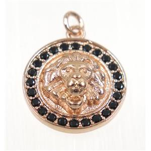 copper lionHead pendant paved zircon, rose gold, approx 15mm dia [FDZN2315]