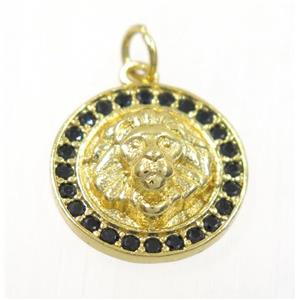 copper lionHead pendant paved zircon, gold plated, approx 15mm dia [FDZN2316]