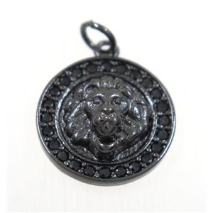 copper lionHead pendant paved zircon, black plated, approx 15mm dia [FDZN2318]