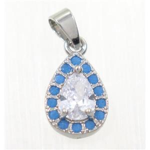 copper Teardrop pendant paved zircon, platinum plated, approx 8x12mm [FDZN2321]