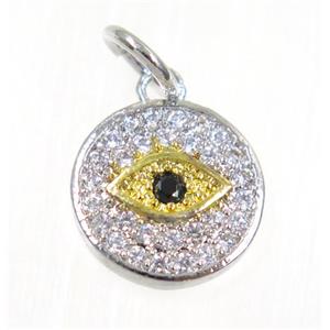 copper Evil eye pendant paved zircon, platinum plated, approx 11.5mm dia [FDZN2345]