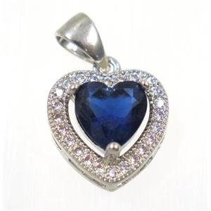 copper Heart pendant paved blue zircon, platinum plated, approx 12x12mm [FDZN2350]