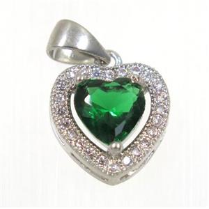 copper Heart pendant paved green zircon, platinum plated, approx 12x12mm [FDZN2355]