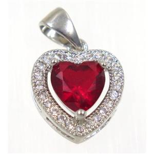 copper Heart pendant paved red zircon, platinum plated, approx 12x12mm [FDZN2360]