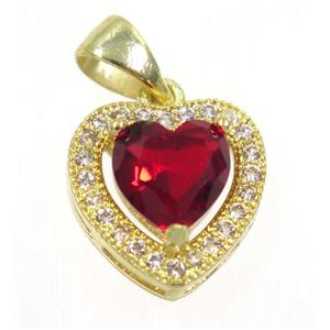 copper Heart pendant paved red zircon, gold plated, approx 12x12mm [FDZN2361]