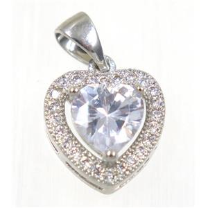 copper Heart pendant paved white zircon, platinum plated, approx 12x12mm [FDZN2365]