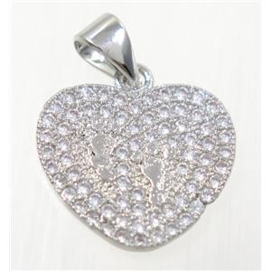 copper paw heart pendant paved zircon, platinum plated, approx 14x16mm [FDZN2375]