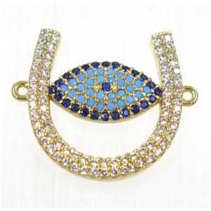 copper U connector paved zircon with evil eye, gold plated, approx 18x19mm [FDZN2380]